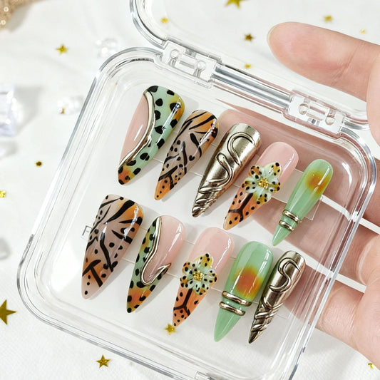 10 Pcs Handmade Acrylic Press on Nails Long Stiletto Fake Nails with Design 3D Flower Leopard Print French Tip False Nails Artificial Full Cover Glue on Nails for Women - Size M