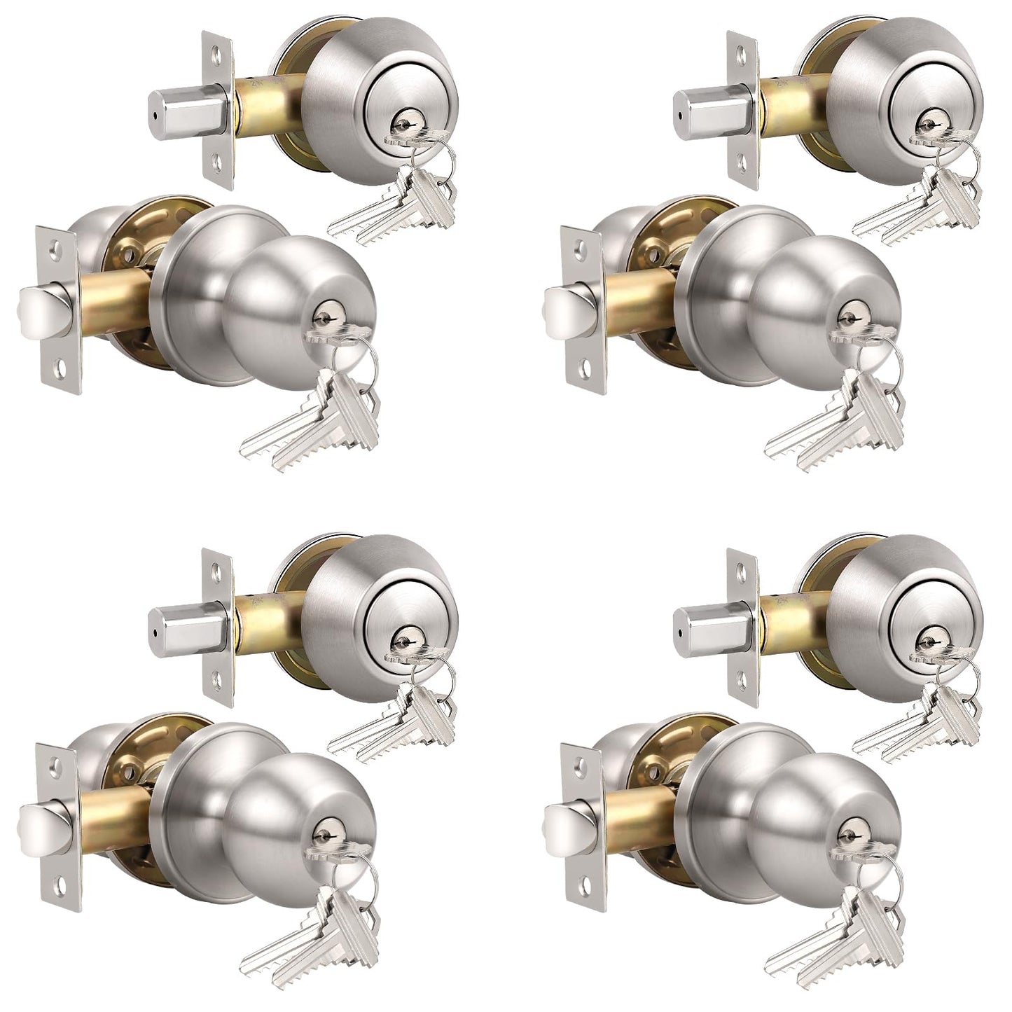 Knobonly Keyed Alike Exterior Door Knob, Round Outdoor Lock with One Sided Deadbolt, Stainless Steel, Satin Nickel Door Knobs, Silver Door Handle Sets, 4 Pack