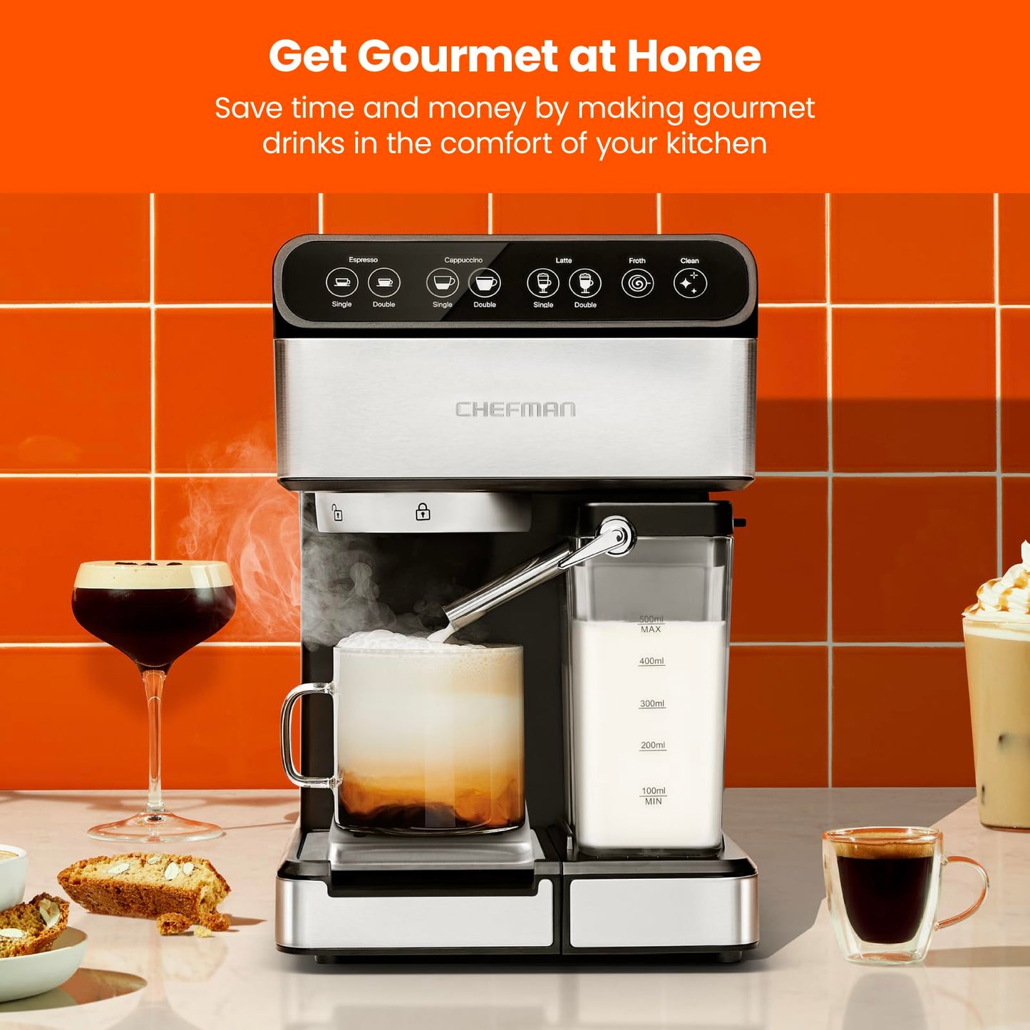 Chefman 6-in-1 Espresso Machine with Built-In Milk Frother, 15-BAR Pump, Digital Display, One-Touch Single or Double Shot for Cappuccinos and Lattes, XL 1.8-L Water Reservoir, Stainless Steel