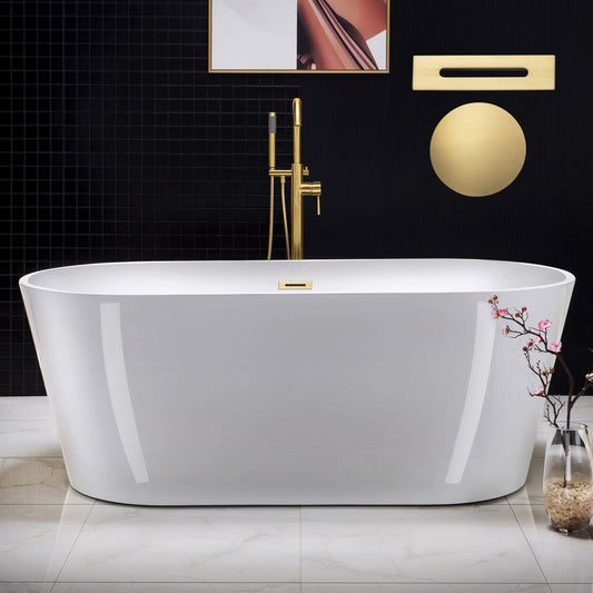 WOODBRIDGE 67" Acrylic Freestanding Bathtub Contemporary Soaking White Tub with Brushed Gold Overflow and Drain，B0013 -BG-Drain &O