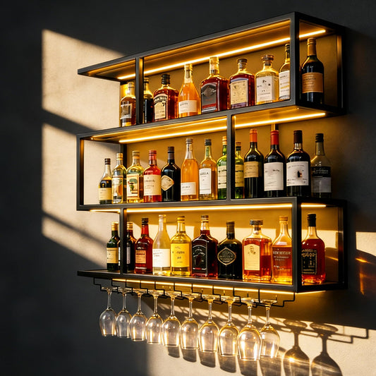 70.8IN Large Wall Mounted Wine Rack with LED Light,Metal 4 Tier Floating Wine Shelf with Glass Holder,Industrial Bar Shelf Wall Mounted Liquor Shelf Wall Mounted for Home Bar (Black 70.8in/180cm)