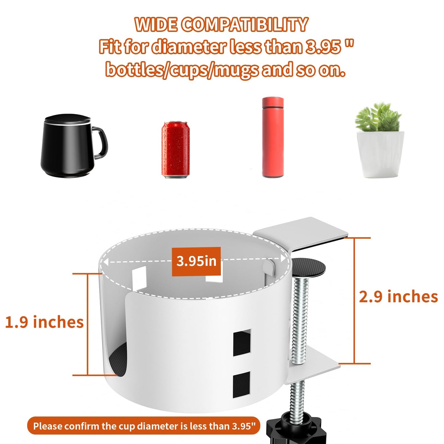 Upgraded Large Desk Cup Holder Clamp, Anti-Spill Cup Holder for Table, Durable 5 Adjustable Directions, Metal Office & PC Gaming Desk Accessories, Enough to Hold Coffee Cups, Water Bottles, White