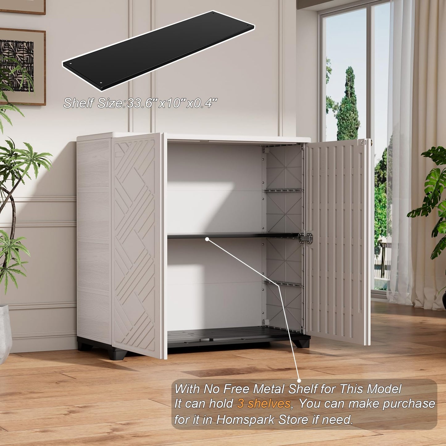 HOMSPARK Indoor/Outdoor Storage Cabinet with Doors, 34”x15”x34” HDPE Plastic Storage Box for Bedroom, Bathroom, Living Room, Balcony, Multi-Purpose for Daily Tools, White