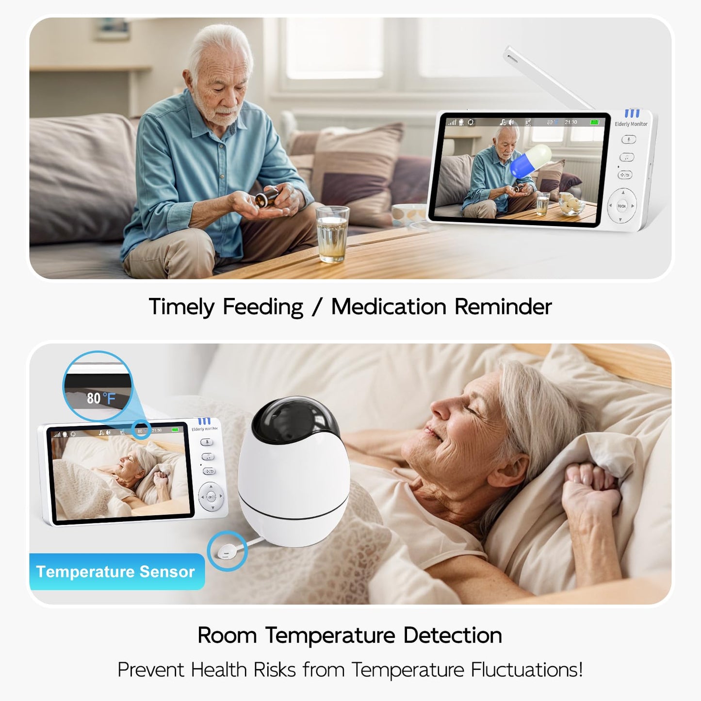 Elderly Monitor with Camera and Audio & Call Button, 2-Way Talk Room Monitors for Elderly, Med Reminder Temp Alert Baby Monitors for Elderly Care & Caregivers, PTZ Camera for Senior Monitoring/No WiFi