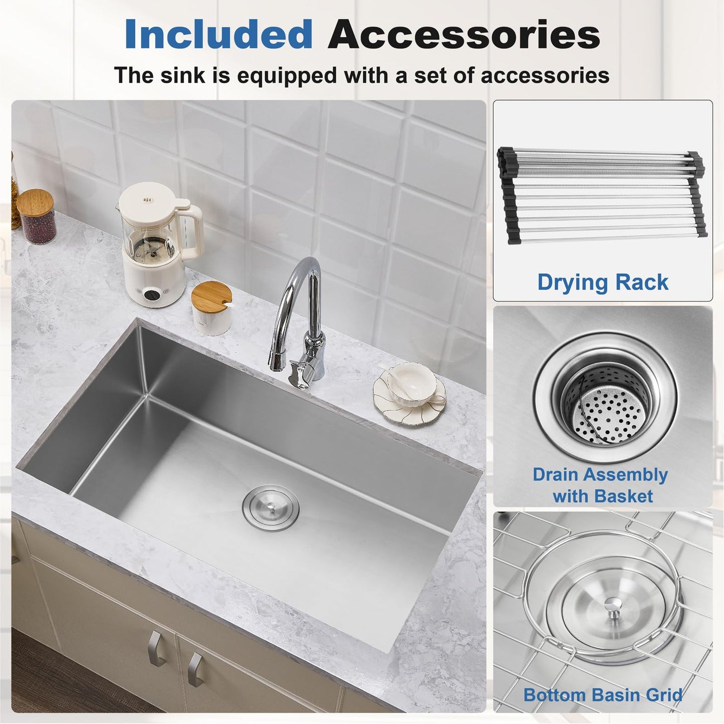HALOACE 33 Inch Undermount Kitchen Sink Single Bowl,304 Stainless Steel Kitchen Sink, Include Dish-DryingRoll-up Rack Accessories, (Undermount Single Bowl, 33Inch Silver)