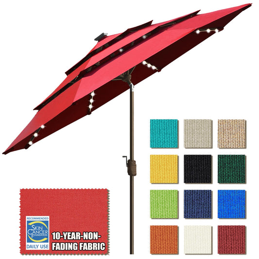 EliteShade USA 10-Year-Non-Fading 9ft 3-Tier Market Patio Umbrella, Commercial Table Umbrella with 80 Solar LED Lights, Crank Open, Windproof & UPF 50+ UV Protection for Garden, Deck, Pool, Backyard, Logo Red