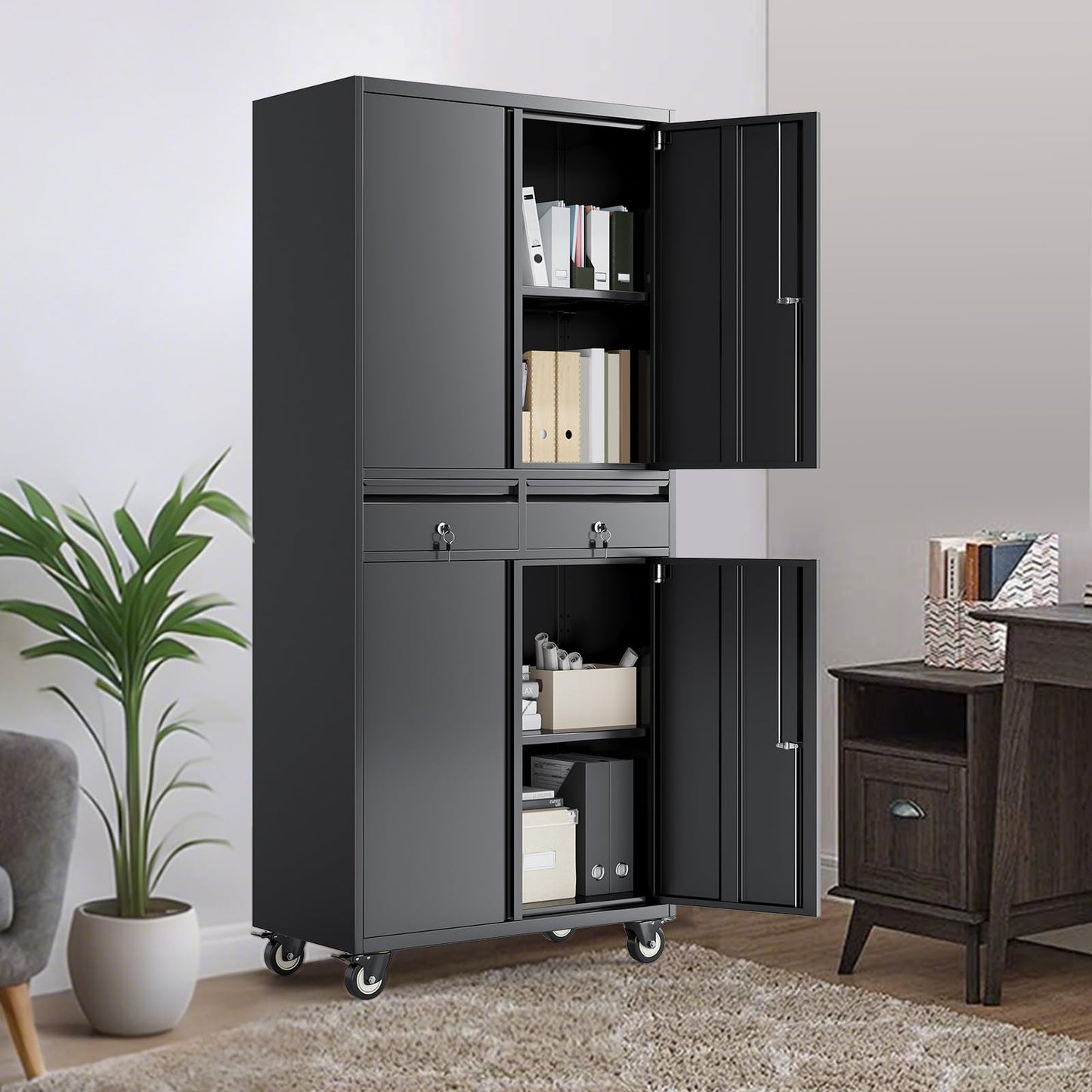 GarveeTech 73 in Metal Storage Cabinet w/Locking Doors | Adjustable Shelves + 2 Drawers | Robust Utility Storage for Garage Organization-Dark Black with Casters