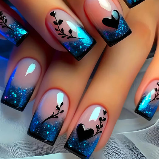 Valentines Press on Nails Medium Square Artificial Acrylic French Black Fake Nails Gradient Black Love Coffin Nail Full Cover Glossy Stick on Nail Artificial Fingernails for Women Festival Manicure