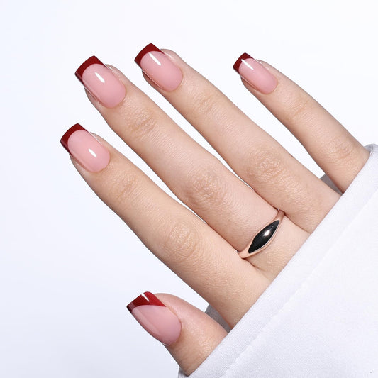 Red French Tip Press On Nails Square - Short Square French Tip Fake Nails with Nail Glue, Red Press On Nails Opaque Reusable Stick On Nails in 16 Sizes - 32 Nail Kit for Women & Girls | Salon Quality