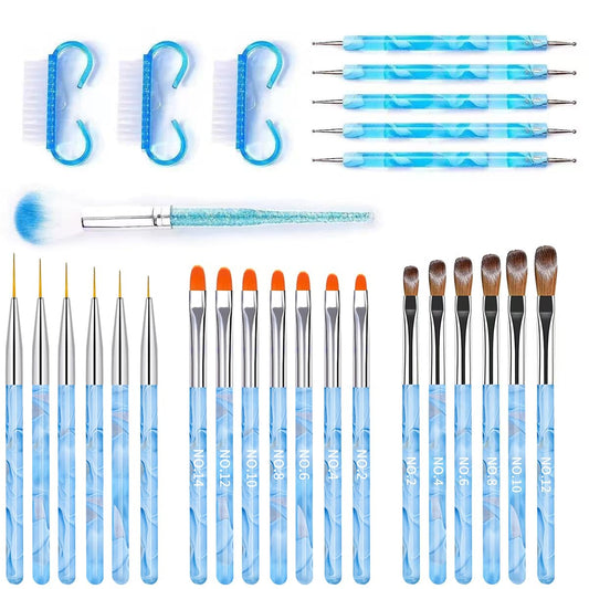 28Pcs Blue Nail Art Brush Set, Professional Acrylic Gel Nail Brushes, Nail Liner Dotting Pen, Nail Dust Cleaning Brush, Manicure Tools Kit for Nail Sculpting, Acrylic Powder Application, Nail Design