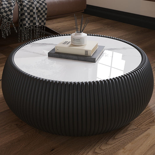 KEIKI Round Coffee Table, Mid Century Modern Tea Tables w/Marble Desktop, No Assembly Required Drum Shaped Corner Center Drink Tables, Accent Side Cafe Desk for Living Room, PU Wrapped Frame, Black
