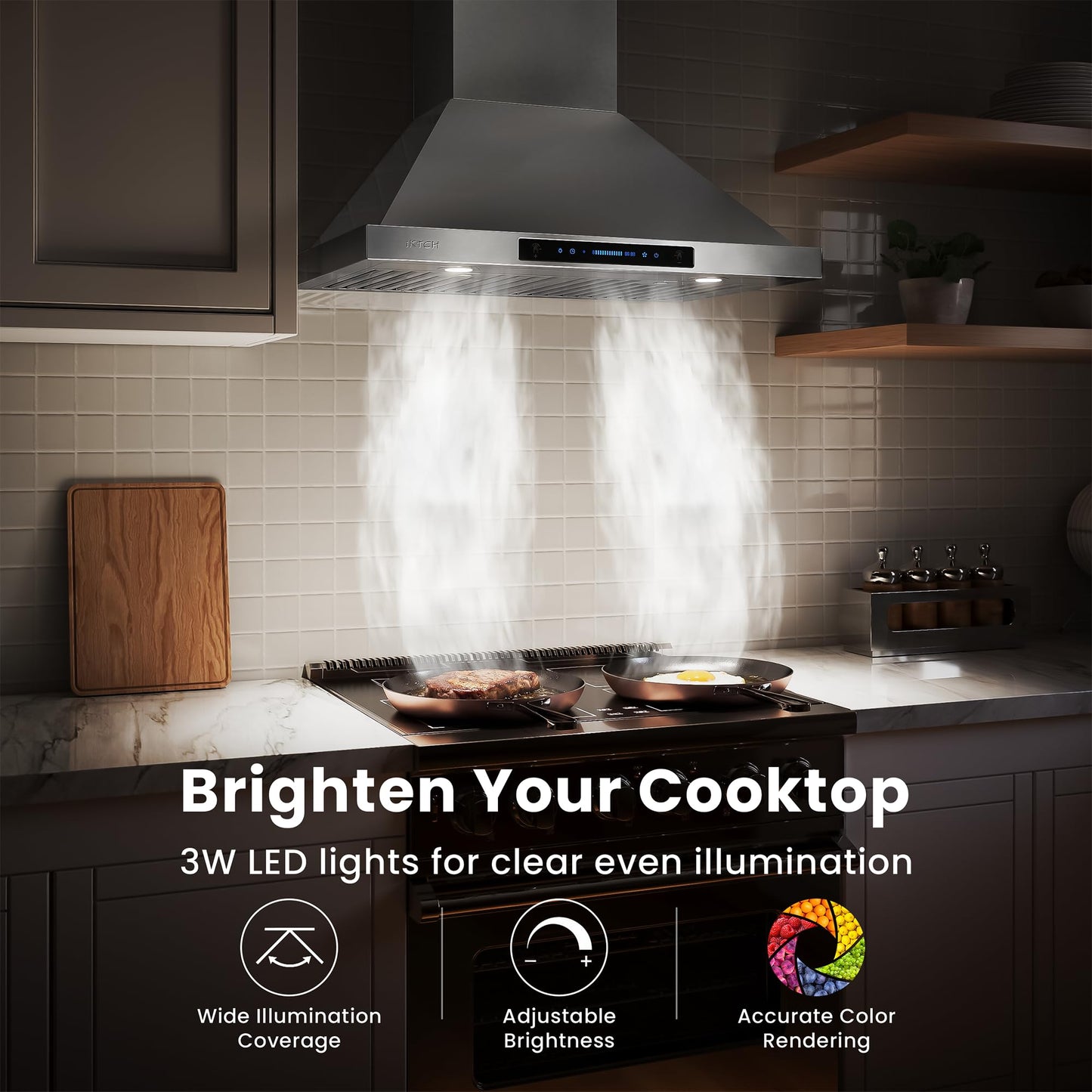 IKTCH 36-inch Wall Mount Range Hood 900 CFM Ducted/Ductless Convertible, Kitchen Chimney Vent Stainless Steel with Gesture Sensing & Touch Control Switch Panel, 2 Pcs Adjustable Lights(IKP02-36'')