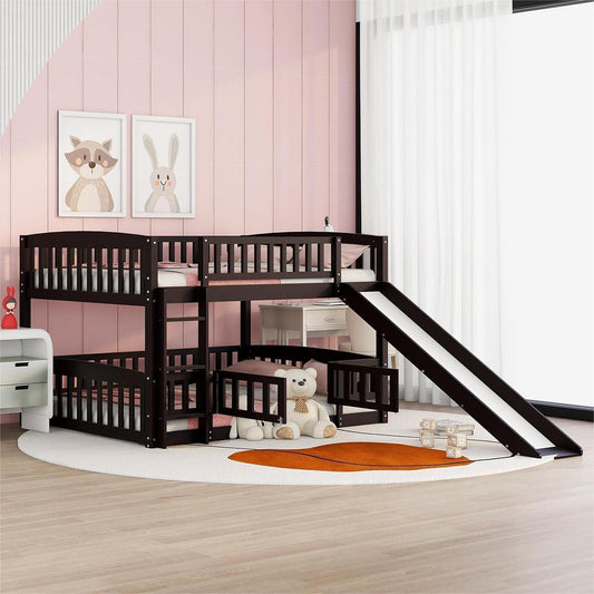 Bellemave Bunk Bed Full Over Full with Slide and Stairs, Bunk Bed for Kids, Girls, Boys, Floor Bunk beds with Fence and Door, Espresso