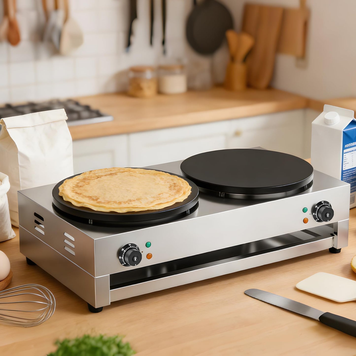 Culistra 16 Inch Commercial Crepe Maker, Dual-Head, Dual Zone Temp Setting, Nonstick Pancake Griddle Machine, 50-300°C(120-570℉), 3400W, S.S. Shell, for Catering, Restaurant, Snack Stand, CE Certified