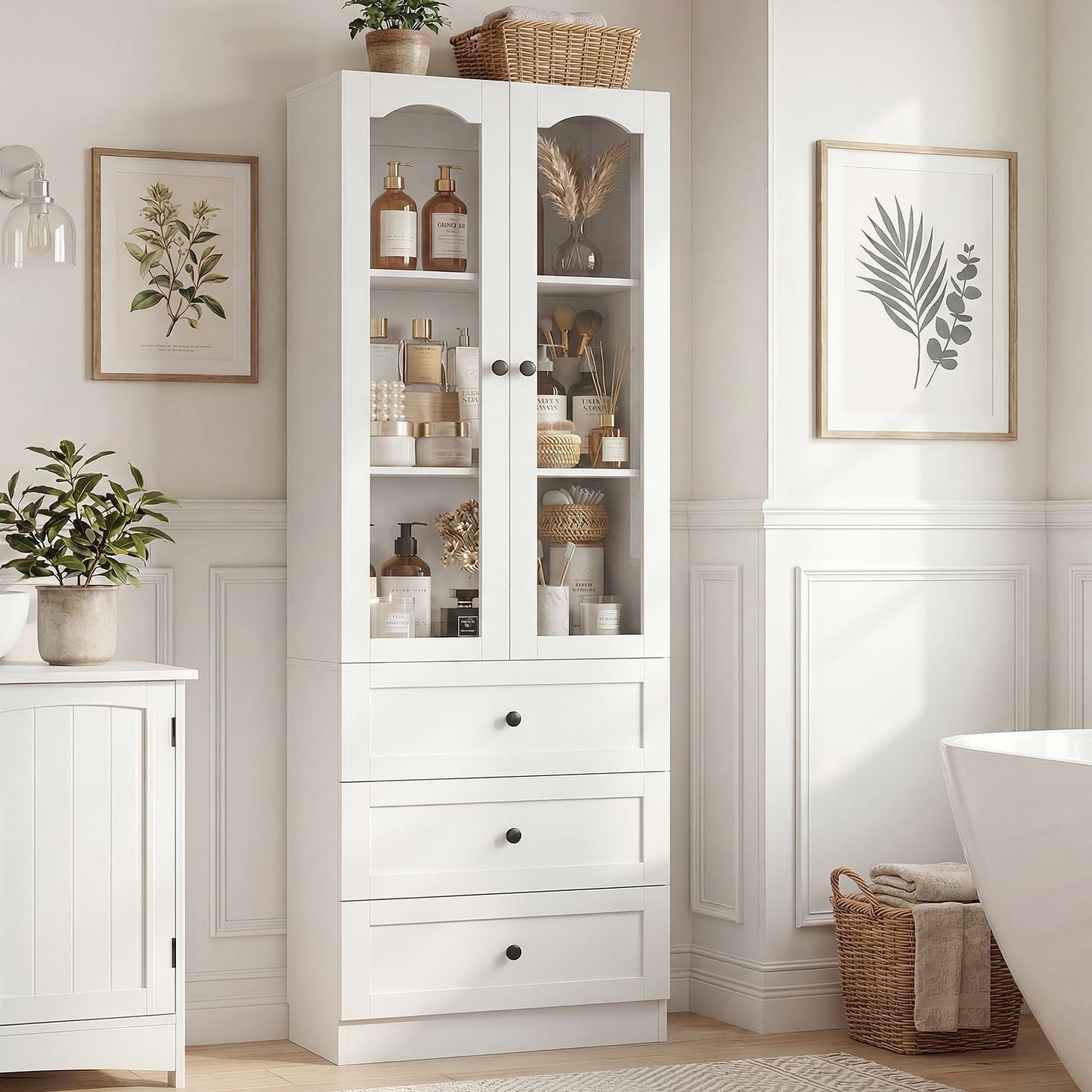 Cyclysio 80" Tall Pantry Cabinet for Kitchen Storage, 2 Set White Pantry Cabinet with Glass Doors & 3 Drawers - Freestanding Storage Bookcase with Built-in Baseboard Notch for Dining, Living Room