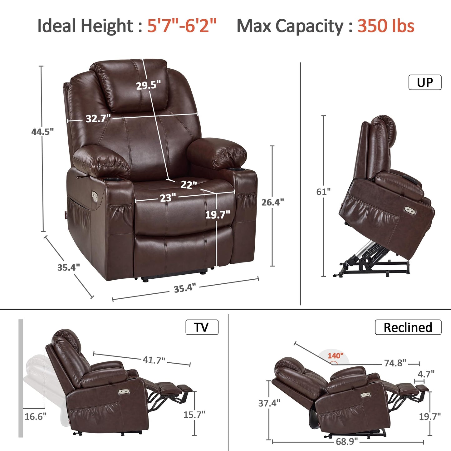 MCombo Large Power Lift Recliner Chair with Massage and Heat for Tall Elderly People, 3 Positions, Cup Holders, and USB Ports, Faux Leather 7516 (Large, Dark Brown)