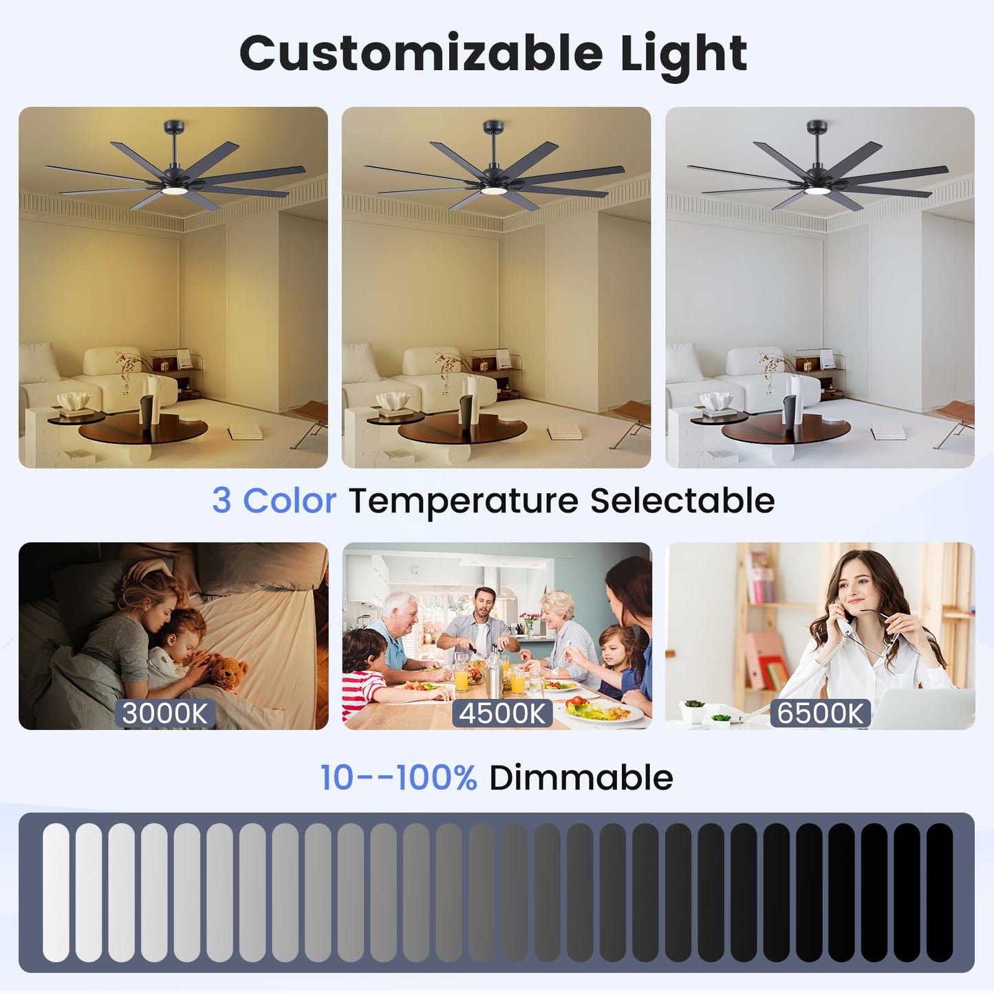 Newday 72 Inch Black Ceiling Fan with Light and Remote, Indoor/Outdoor Silent Reversible DC Motor, 6 Speeds, 3CCT, Timer, 8 Blades, 3 Downrods for Living Room, Patio, Garage