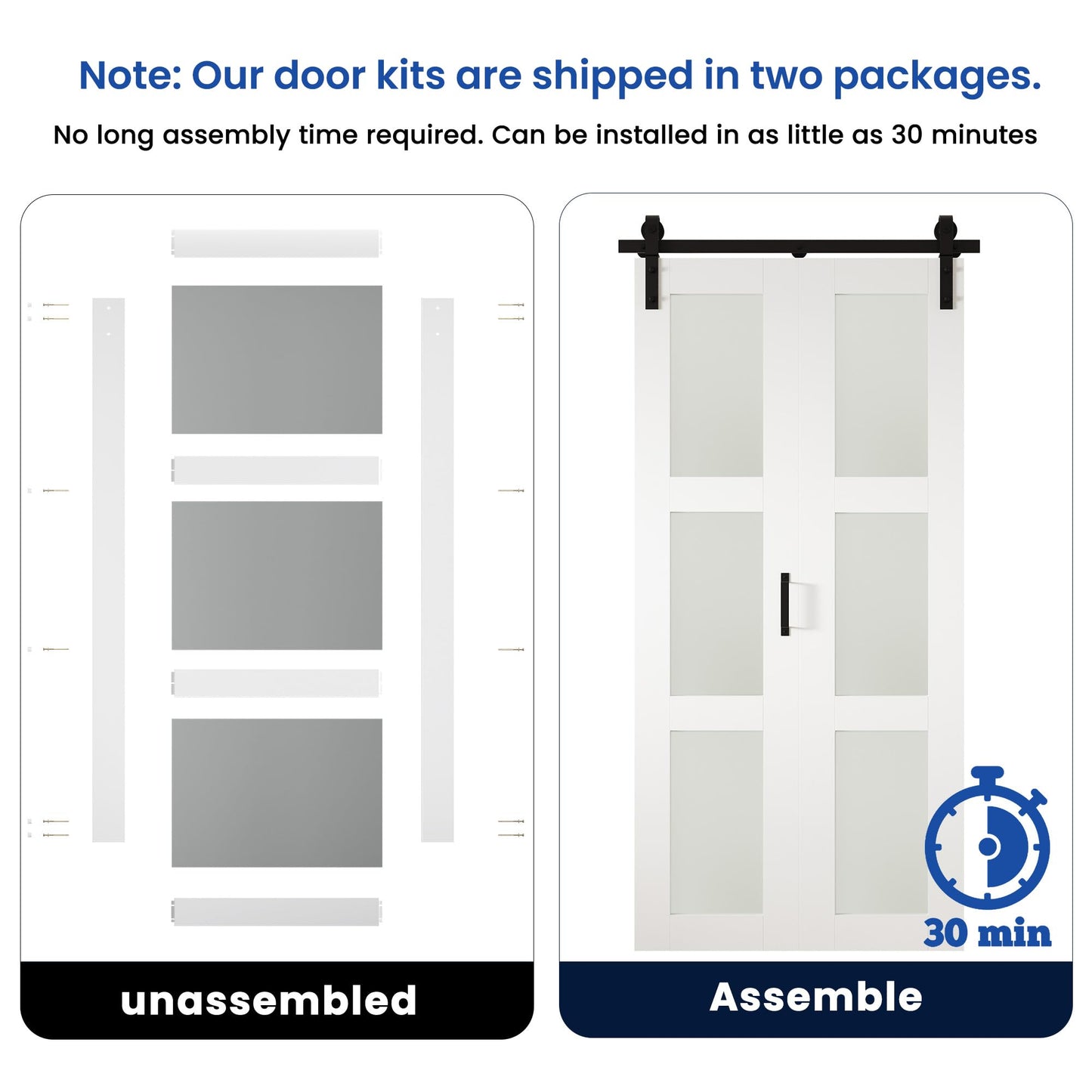 SMARTSTANDARD 56in x 84in Bifold Barn Door, Frosted Glass Barn Door with Hardware Kit Included, Pre-Drilled Holes Easy Assembly -Solid Barn Doors Slab Covered with Water-Proof PVC Surface, White