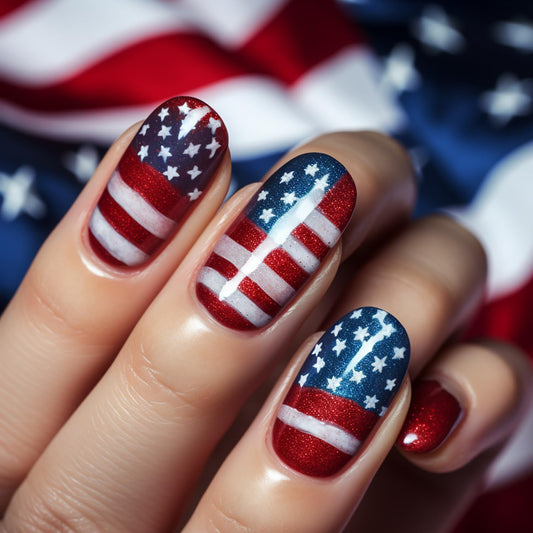 24Pcs Independence Day Press on Nails Short Oval Shaped Star Patriotic Fake Nail USA Flag Red White Stripes Pattern Design 4th of July Glossy Artificial Fingernails Holiday Glue on Nails for Women