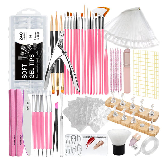 ESUOHYM Acrylic Fake Nails Kit Press On Nail kit with 240PS Clear Nail Tips,Nail Art Stand,Art Brushes,Swatch Sticks,Acrylic Cutter,Nail Art Tools with Everything for Beginners DIY Nails Home Salon
