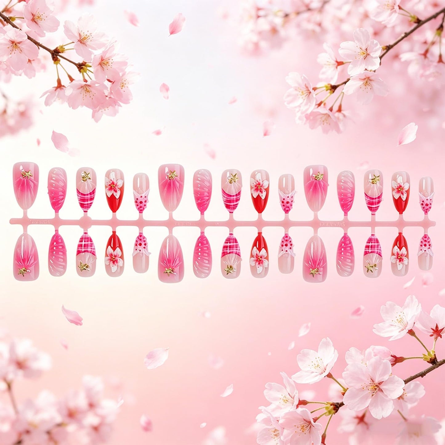3D Shell Press on Nails Glossy Red French Tips Medium Almond Fake Nail Flower False Nails with Pink Ombre Design Polka Dots Stick on Nail Ocean Glue on Artificial Fingernails for Women Daily Wear