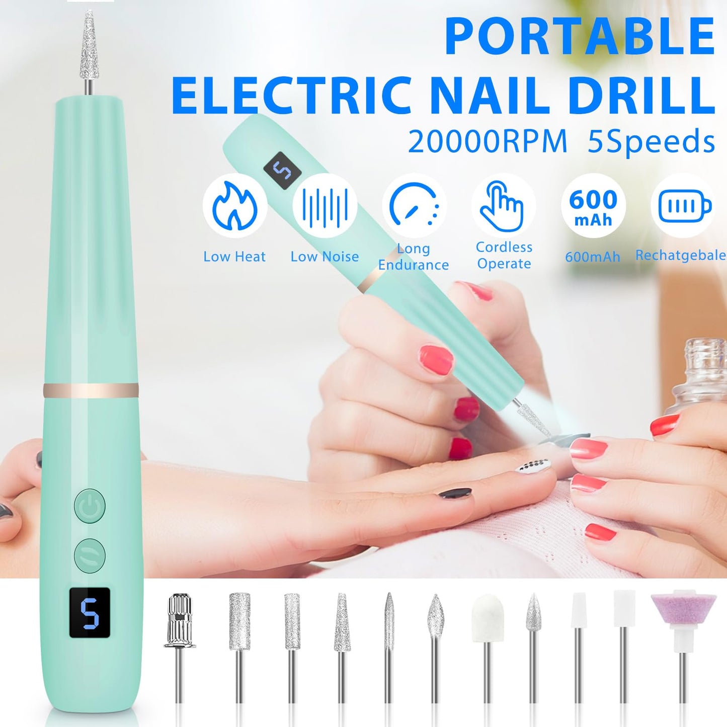 Cordless Electric Nail Drill with 360° Ring Light, Portable Nail File Kit for Acrylic, Gel Nails, Portable Home Manicure Kit for Manicure and Pedicure(Turquoise)