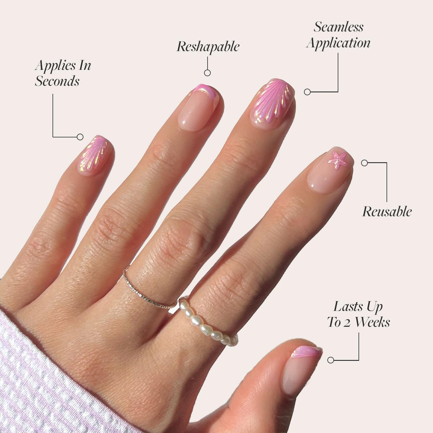 Glamnetic Press On Nails - Blush Dunes | Short Squoval Fake Nails with Pink French Tips and 3D Accents, Salon Quality Summer Nails | 15 Sizes - 30 Nail Kit with Glue