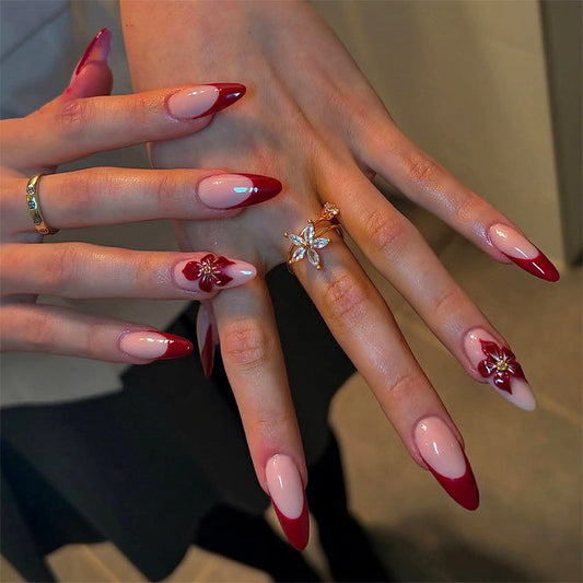 MISUD Press on Nails - Medium Almond Glue on Nails with Red French Tip, Acrylic Flower Design 24 pcs