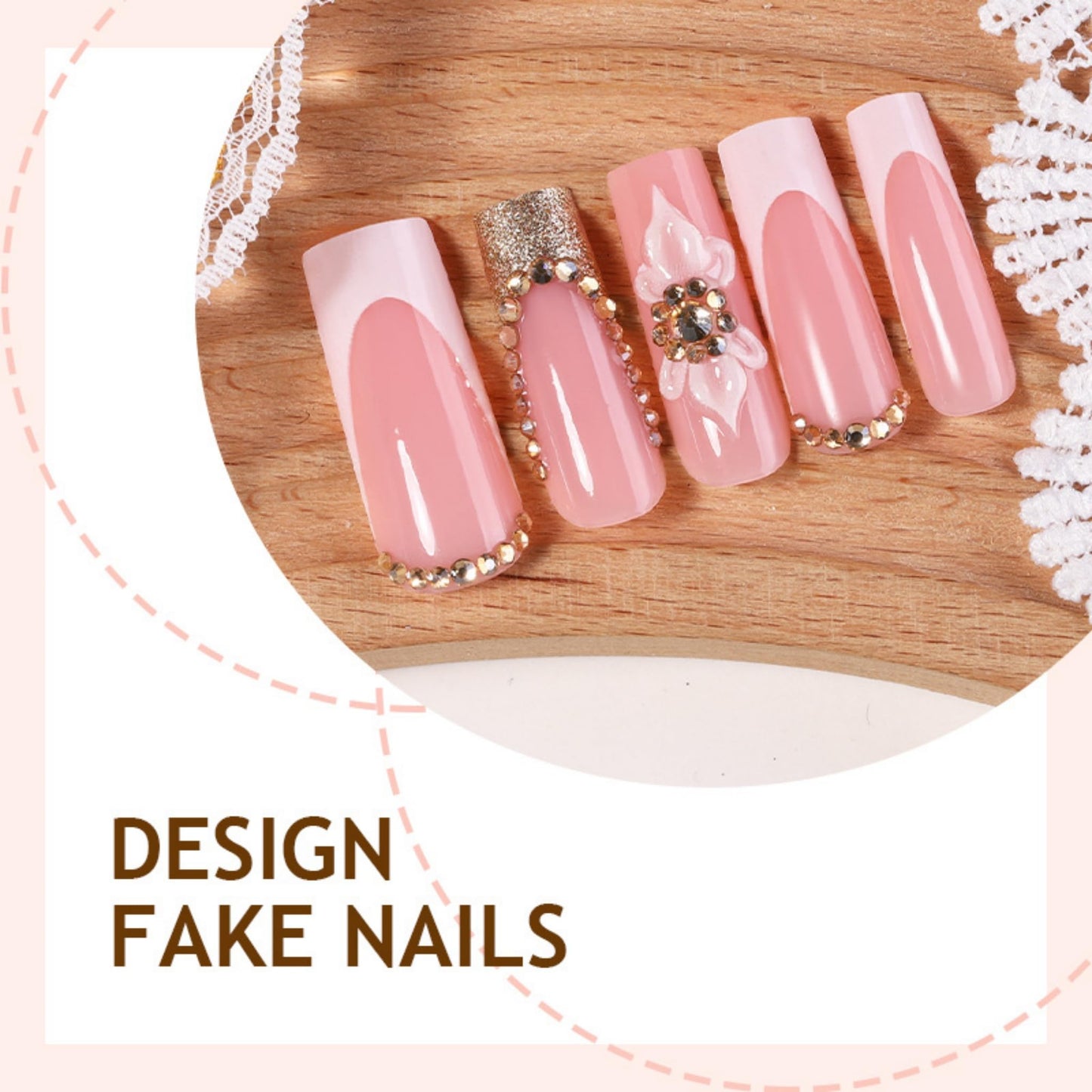 Long Press on Nails Square Fake Nails French White Acrylic Nail Press ons Seeneey Floral and Rhinestones Designs Sparkly Stick on Nail for Women 24pcs