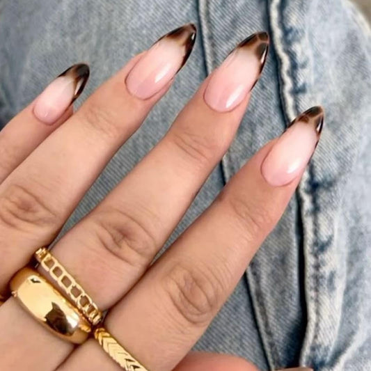 Hkanlre Leopard Print Press on Nails Nude Medium Fake French Nails Tips Full Cover Almond False Nails for Women 24PCS