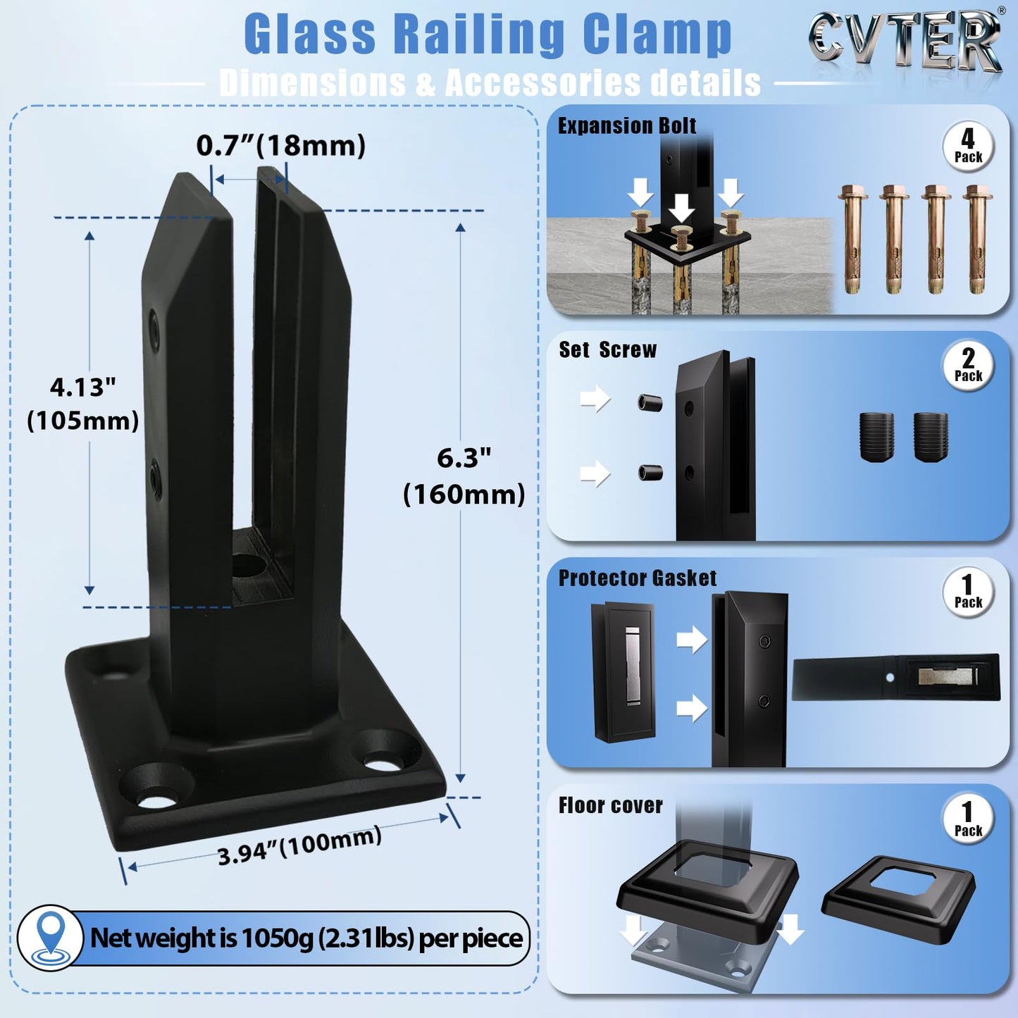 Cvter Black Glass Railing Spigot, 10 Pack, Heavy Duty Glass Clamp Post, 304 Stainless Steel Railing System for Stairs Balusters/Pool/Balcony/Patio/Deck (Net Weight 2.31lb)