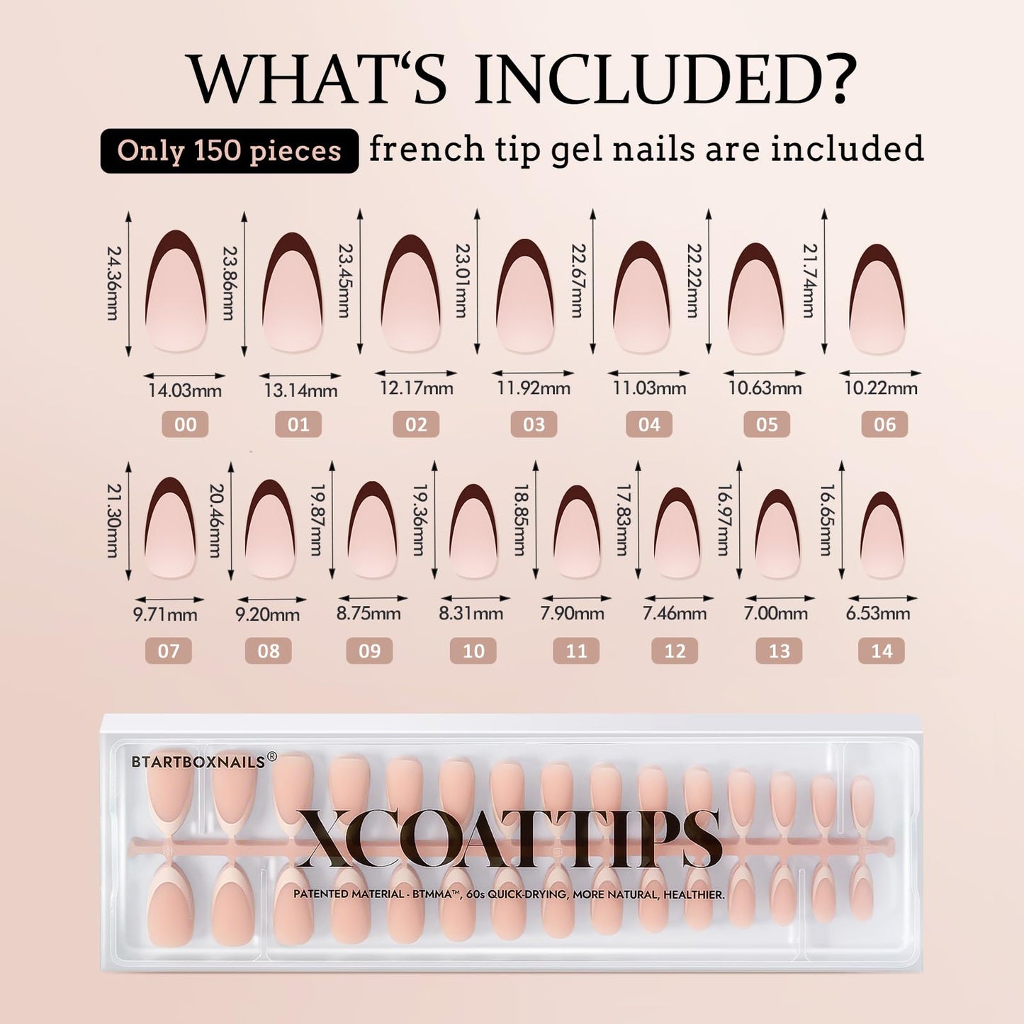 BTArtboxnails XCOATTIPS Press on Nails - French Tip Press on Nails Medium Almond, Skin Tones Soft Gel Nails False Nail Tips, Soak Off Acrylic Nails Extensions