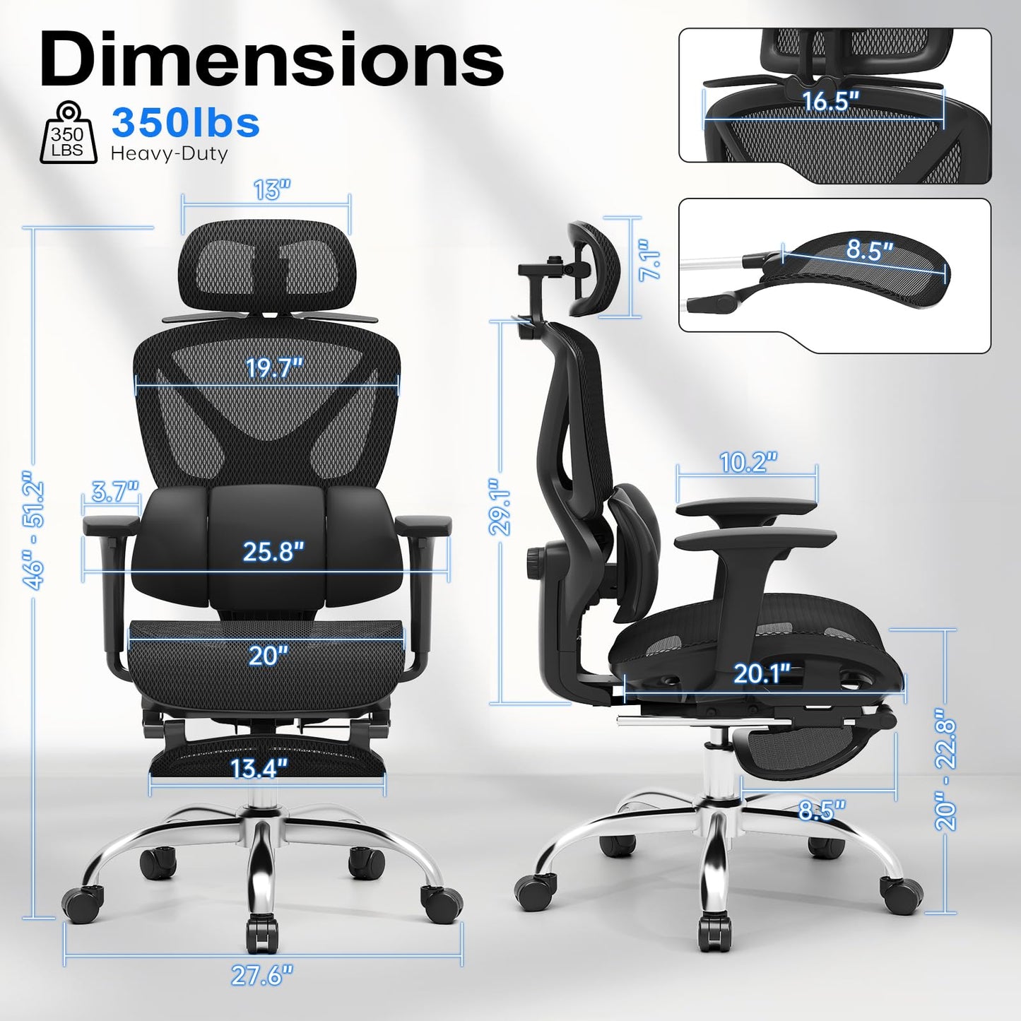 Freepub Ergonomic Mesh Office Chair, Home Desk Chair Comfy with Adjustable Lumbar Support 3D Headrest and Armrests, Reclining Big and Tall High Back Computer Gaming Chairs for Man Women, 350lbs Black