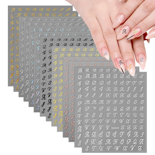 14 Sheets Letter Nail Stickers for Nail Art, 3D Self-Adhesive Black White Gold Silver Old English Nail Letter Stickers, Nail Art Stickers DIY Decoration Nail Accessories for Women Girls