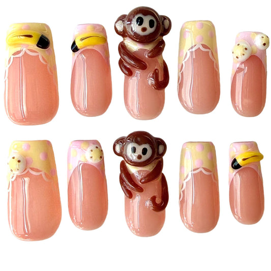 Handmade Press On Nails Cute Monkey 3D Cartoon Banana Lace Trim Medium/Short Square Acrylic False Nails Kawaii Polka Dot (L)