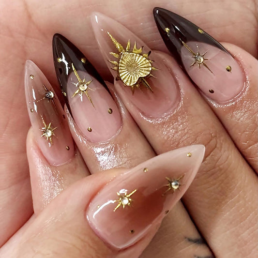 24pcs Press On Nails Almond Medium Fake Nails French With Gold Star Heart Design Gradient Nail Press Ons Glossy Full Cover False Acrylic Nails Reusable Glue On Nails For Women Girls