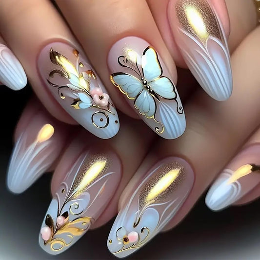 Butterfly Press on Nails Medium Almond Shaped Gold Glitter Powder Acrylic Flse Nail Full Cover Glossy French Tip Almond Artificial Stick on Nail 24Pcs Reusable Press Ons Glue on Nails for Women