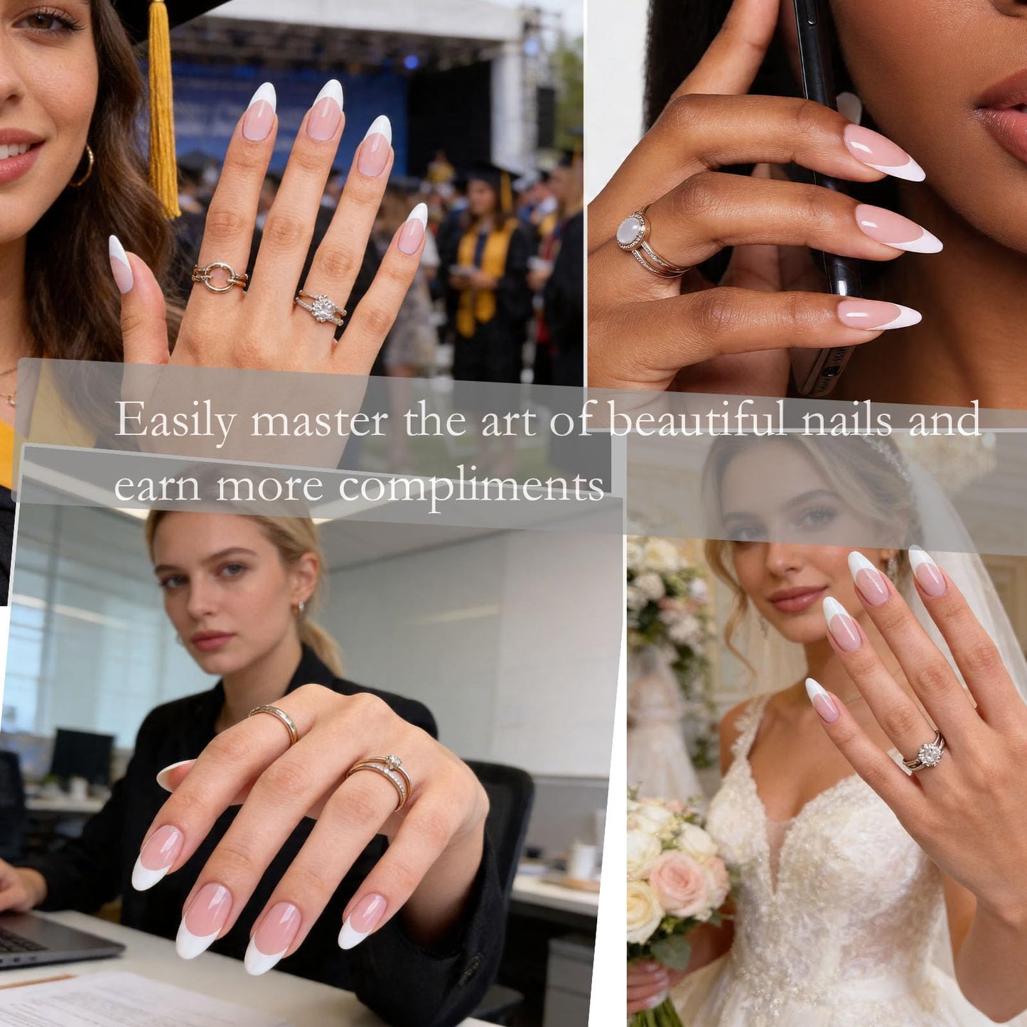 360Pcs Coffin French Tip Press-On Nails – Glossy Finish, Almond Shape, Reusable Kit with Jelly Stickers & Tools for Daily Wear, Weddings, Coffee Dates & More