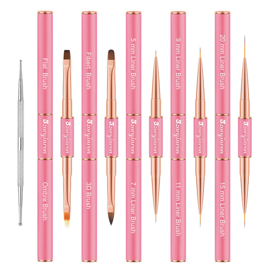 Nail Art Brushes Set, Professional 5Pcs Double-Ended Nail Brush Kit for Details, Long Lines, Ombre & 3D Design-Perfect for DIY Manicures & Salons (Pink)