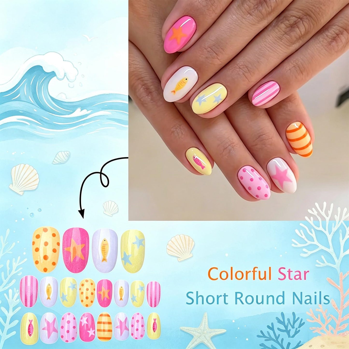 Ocean Press on Nails Short Oval, Cute Fish False Nails, Glossy Colorful Pink Star Fake Nail Polka Dot Glue on Nail, Yellow Striped Stick on Reusable Acrylic Fingernails for Women Summer Beach