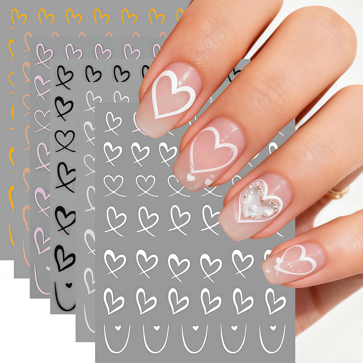 6 Sheets Valentine Heart Nail Art Stickers D Self Adhesive Hearts Nail Decals Stickers Black White Gold Pink Hollow Cute Heart Love Nail Sticker Design Valentines Manicure Decal for Women DIY Nails