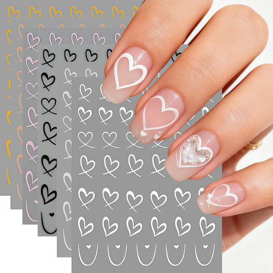 6 Sheets Valentine Heart Nail Art Stickers D Self Adhesive Hearts Nail Decals Stickers Black White Gold Pink Hollow Cute Heart Love Nail Sticker Design Valentines Manicure Decal for Women DIY Nails