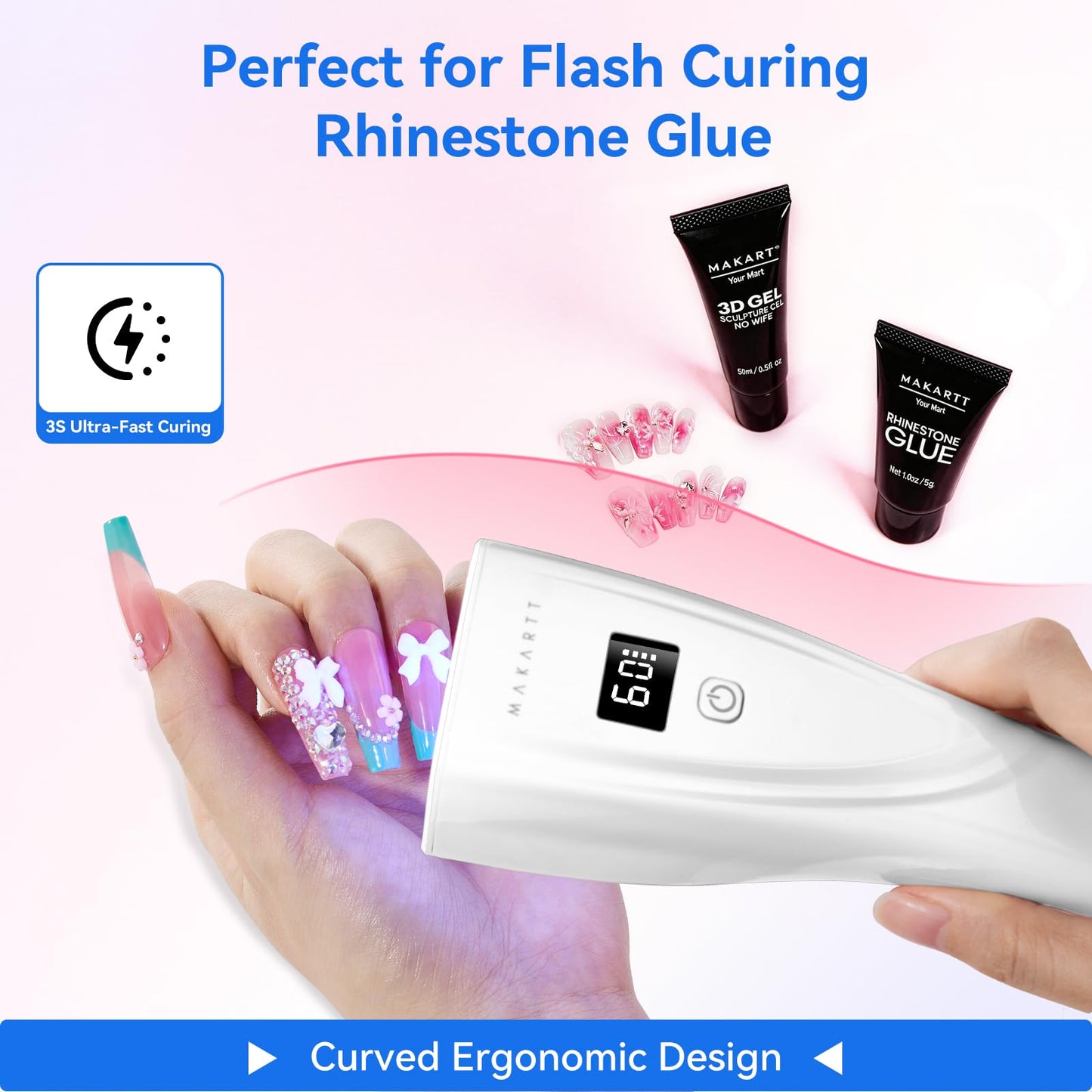 Makartt Flash Cure Nail Lamp, 222 mW/cm² Portable Cordless UV LED Nail Lamp for Rhinestone Glue, Poly Nail Gel & Nail Charms, Rechargeable Mini Nail Dryer with LCD Display, 2 Timers & Smart Sensor