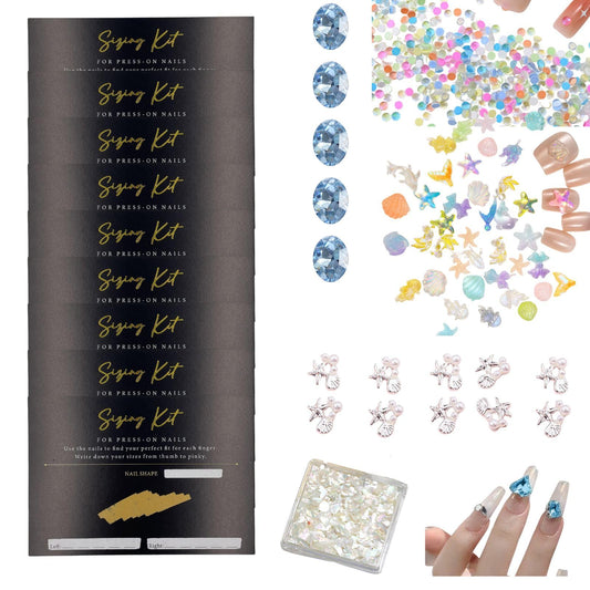 Press On Nail Sizing Card +Ocean Nail Charms Gem Kit Bundle