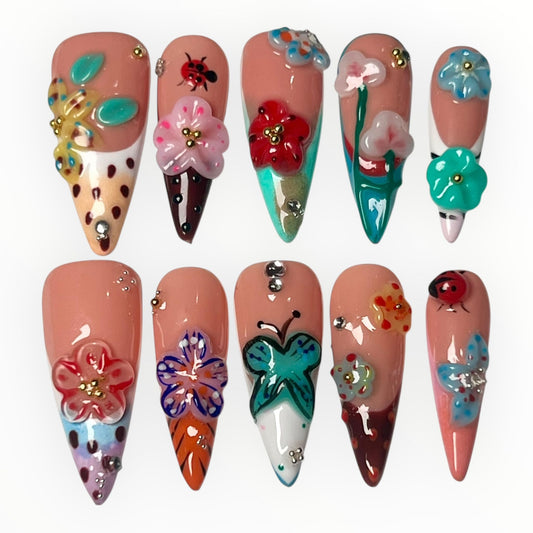 Long Stiletto Press-On Nails – Luxury 3D Acrylic Nail Designs (Multiple Styles) (Tropical Fruit Flowers, Multicolor)
