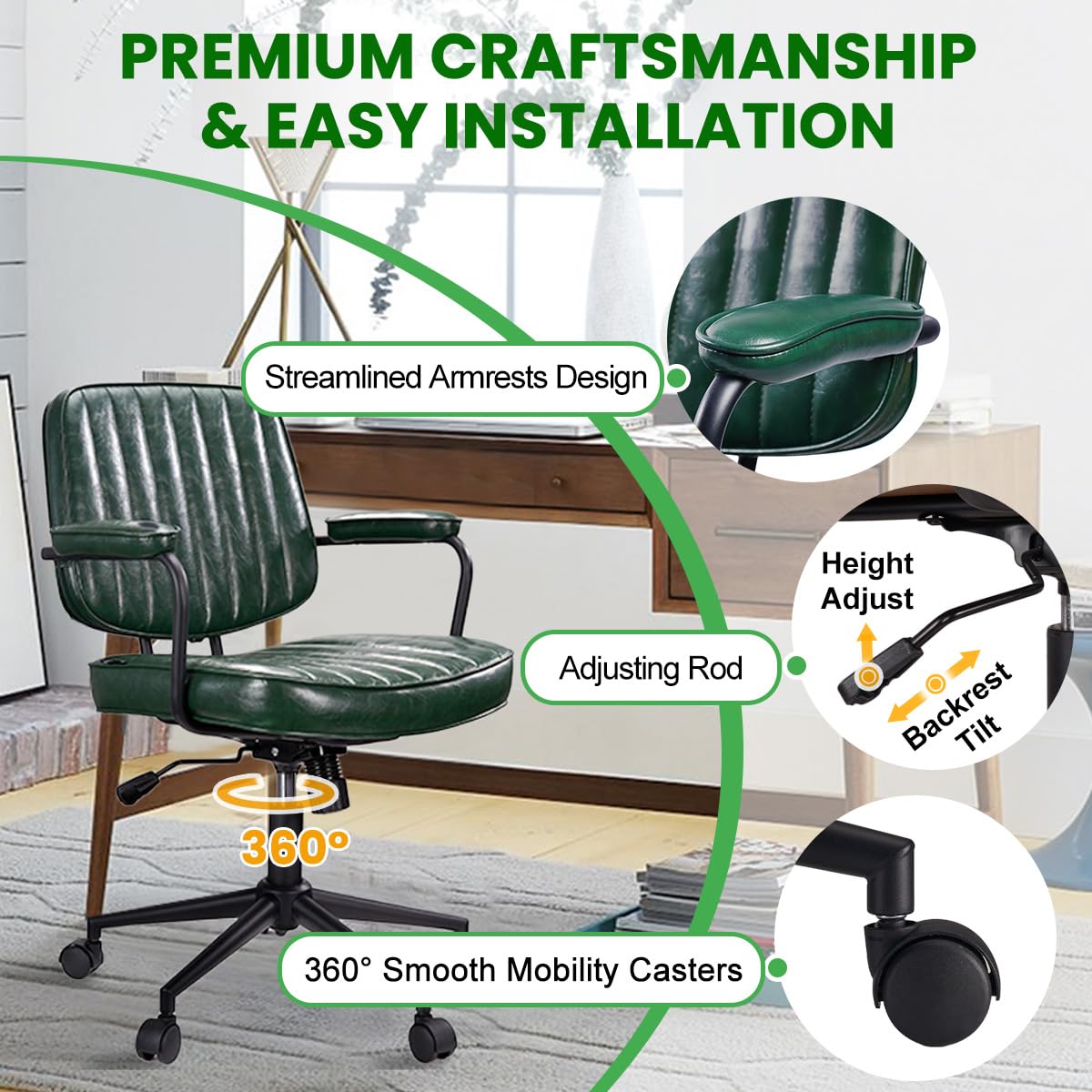 Artswish Mid Century Office Desk Chair - Green Leather Home Office Chair with Wheels and Arms