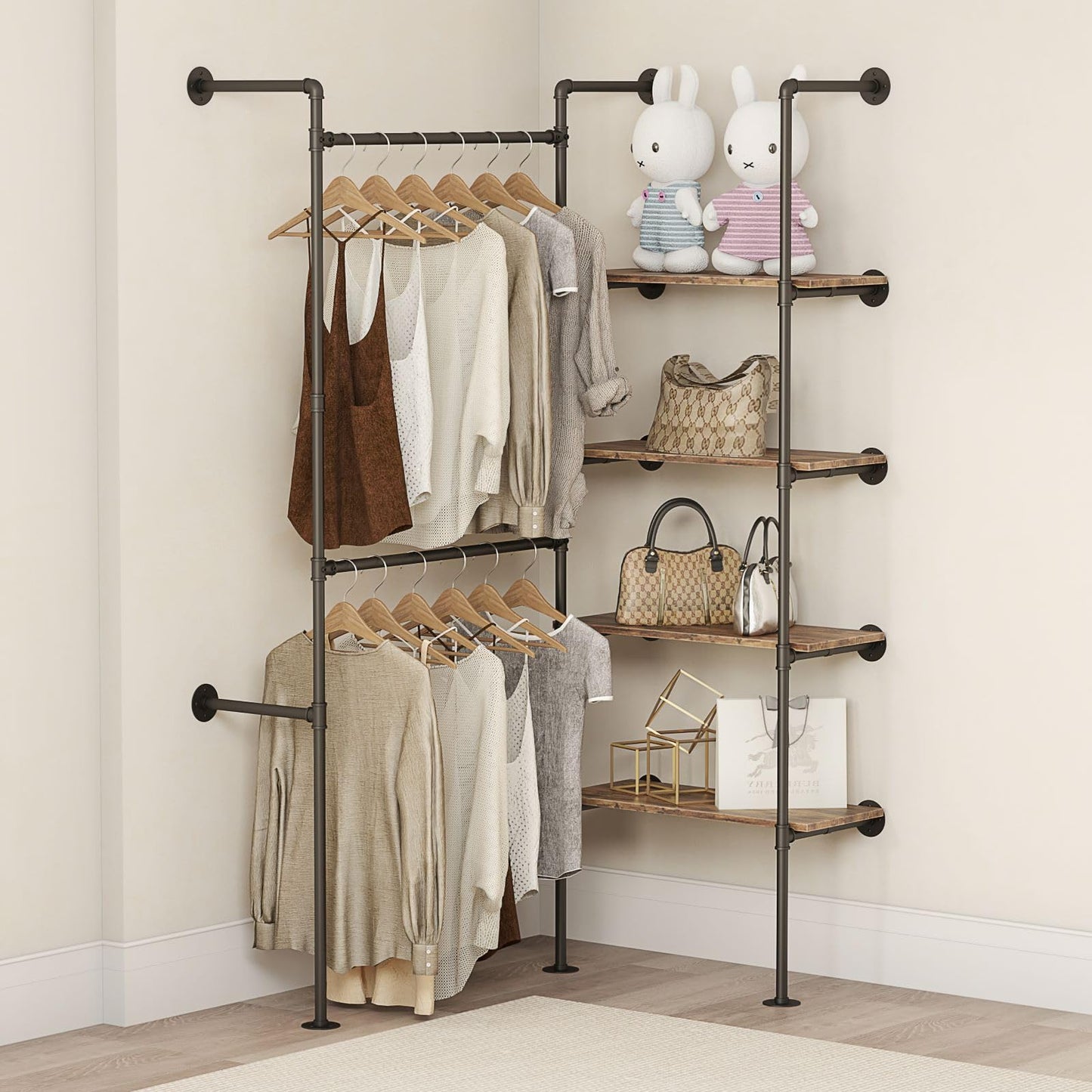 DABILONGC Industrial Pipe Clothing Rack, Heavy Duty Adjustable Garment Hanger with Shelves, 2 Installation Methods Closet Storage System for Wardrobe Organization (Black, 80" H x 55" W)