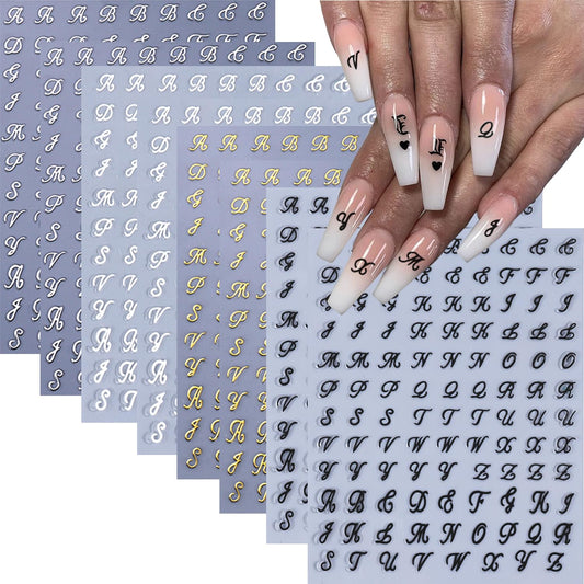 8 Sheets Letter Nail Art Stickers Old English Letter Nail Decals 3D Self-Adhesive Gold Silver Black White Retro Nail Decor Cute Nail Design Stickers Alphabet Cursive Nail Art Supplies for Women DIY
