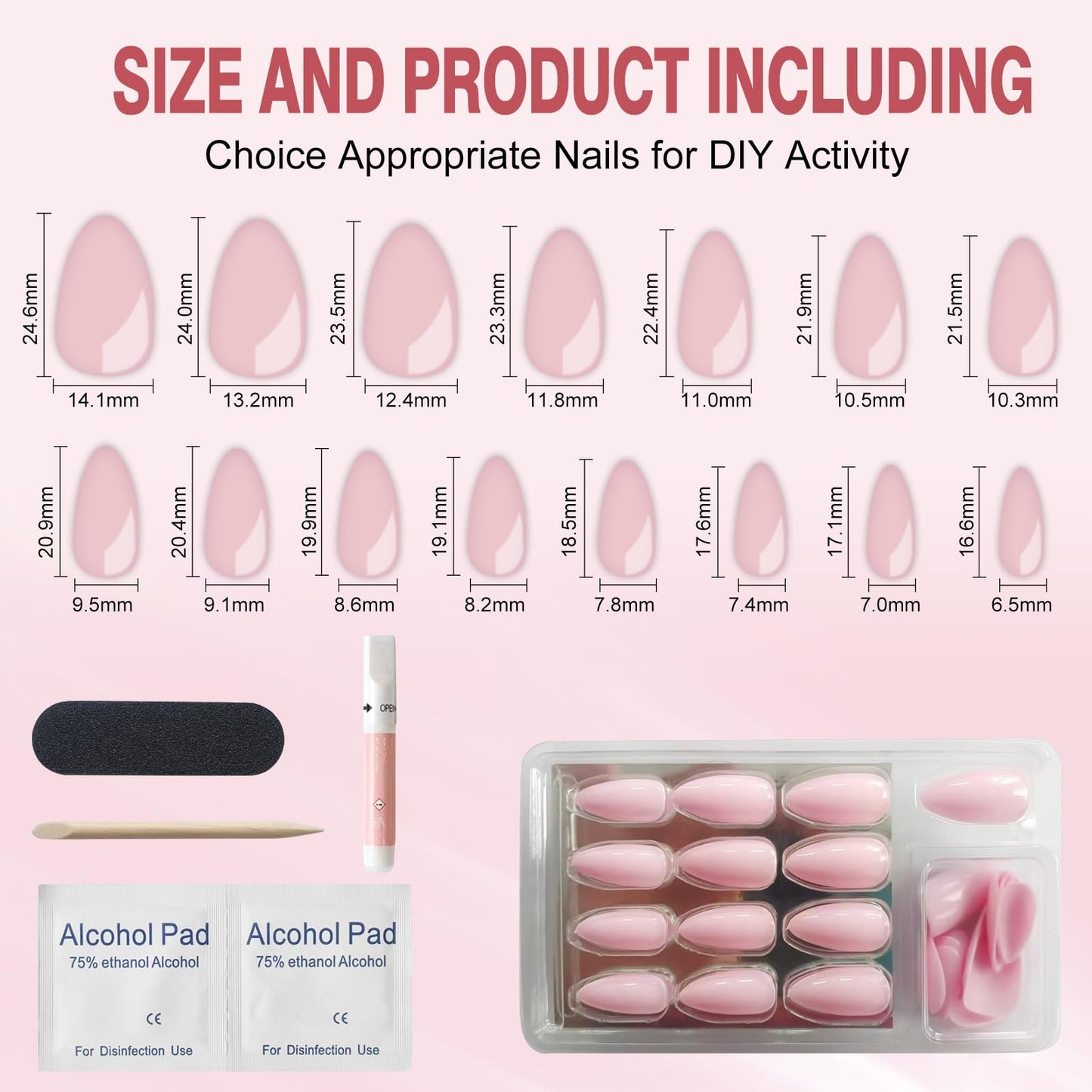Rnker Press On Nails - Transparent Color, Almond Pink Top gel Nails with Bright Finish, 15 Sizes - 30 Nail Kit with Glue