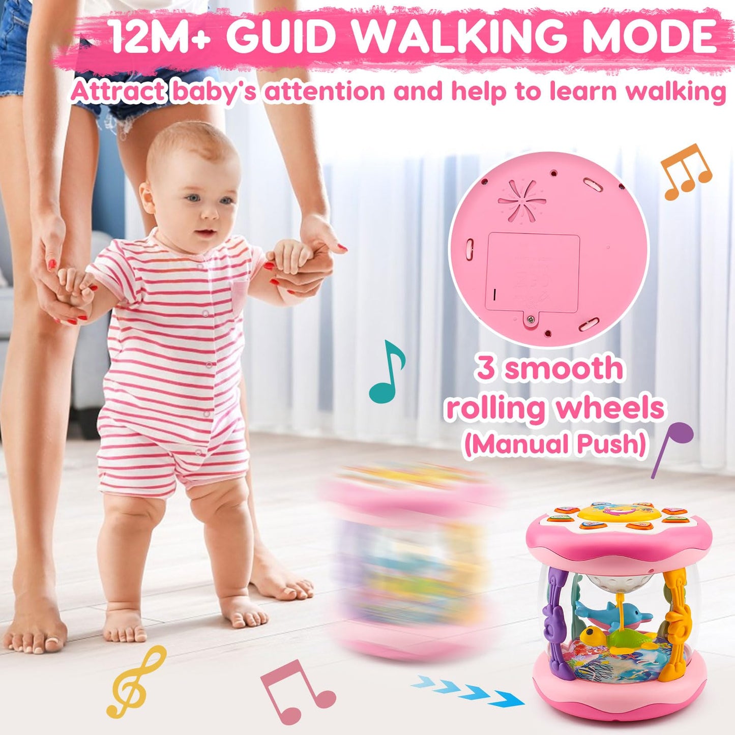 Baby Musical Light Up Toys Tummy Time Ocean Projector Rotating Infant 1 Year Old Toy Baby Aquarium Crawling Pink Toys Babies Girls 1 2 Year Old Birthday Newborn Gifts